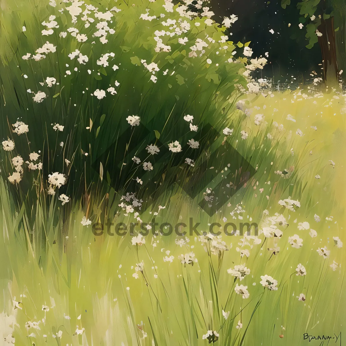 Picture of Dewy cow parsley in vibrant meadow grass