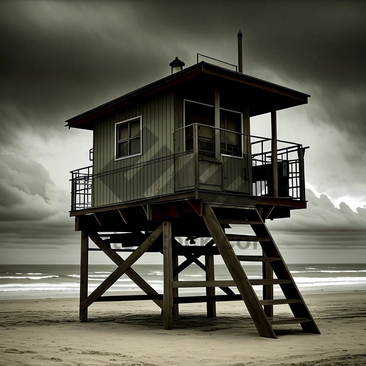 Picture of Coastal Water Tower near Wooden Boathouse.