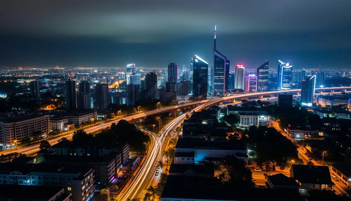 Picture of Twilight skyline of modern city with steel arch bridge.