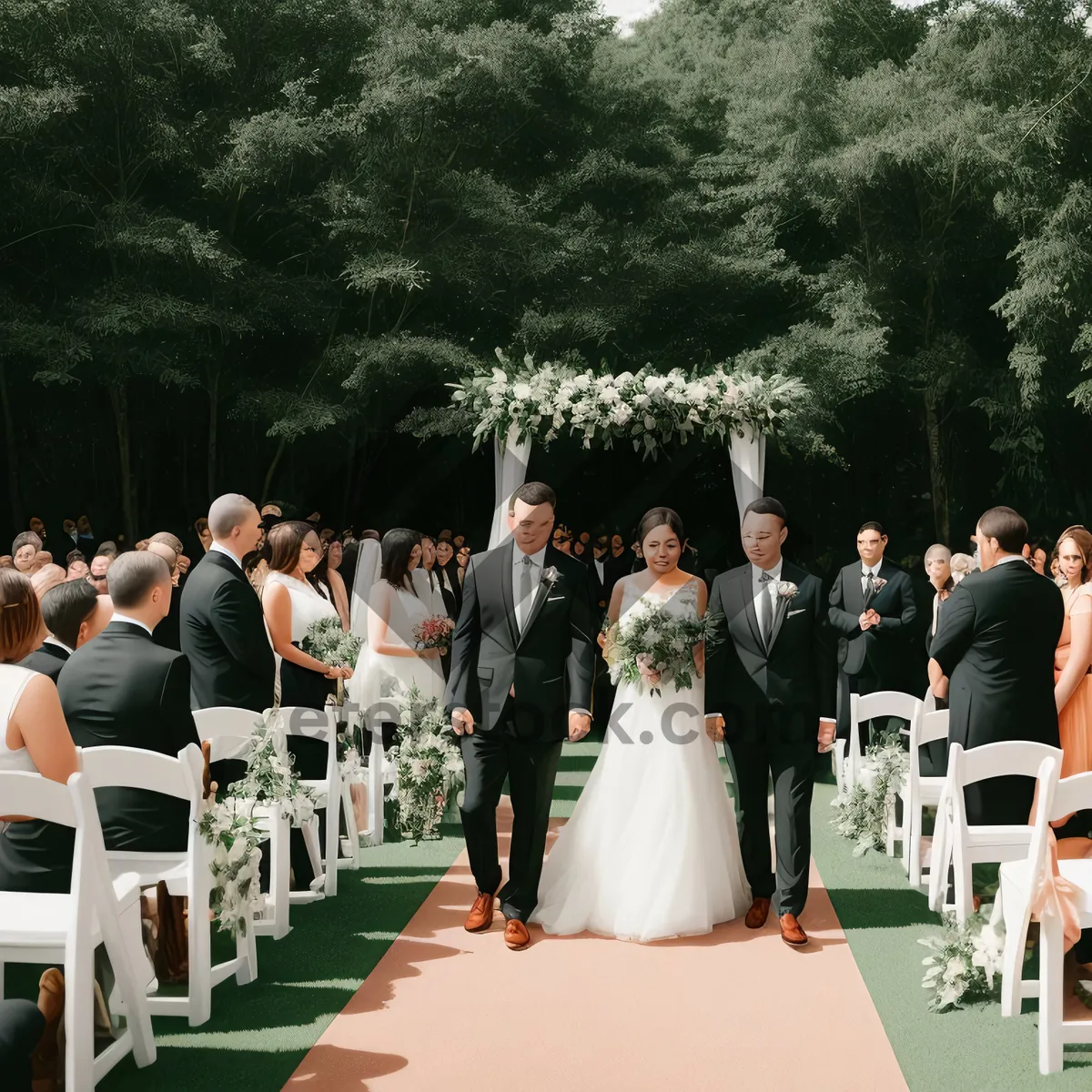 Picture of Happy business team outdoors smiling together at wedding.