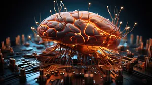 Sci-fi concept. The central computer processor in the form of an artificial brain microchip as the main element of the artificial intelligence system is installed on the motherboard of the supercomputer