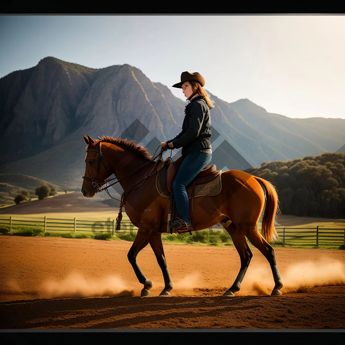 Picture of Brown Stallion Vaulting over Farm Fence