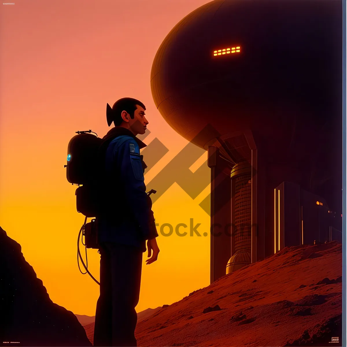 Picture of Sunset Silhouette illuminating Skyline with Water Tower