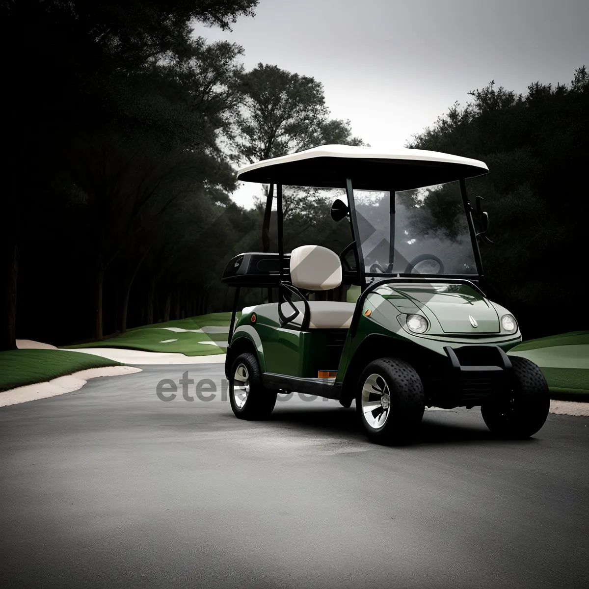 Picture of Golf Cart on Green Grass with Clear Blue Sky