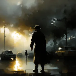 Dark man standing on destroyed stage at night.