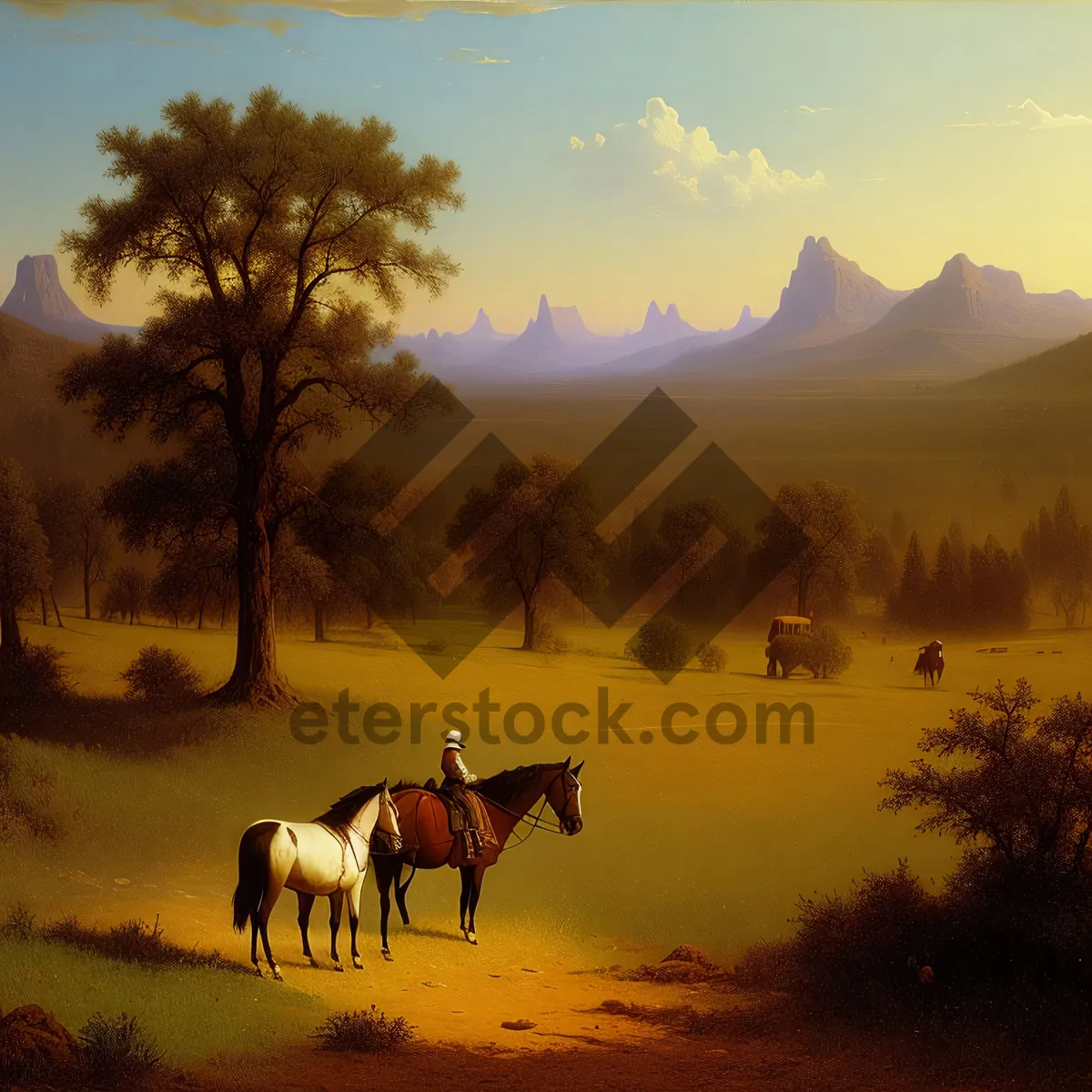 Picture of Sunset Silhouette of Grazing Horses on a Rural Ranch