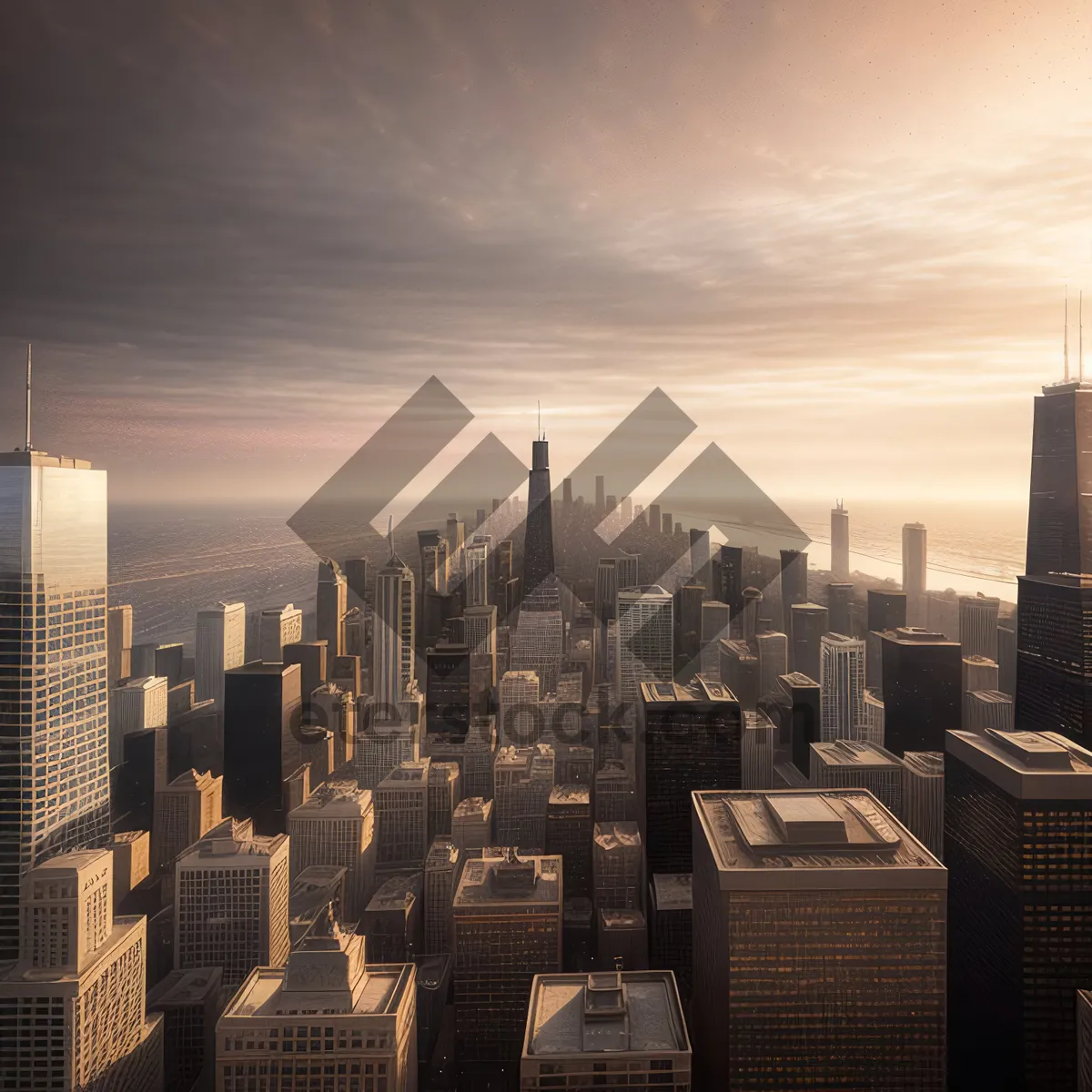 Picture of Business district skyline at sunset over the river.