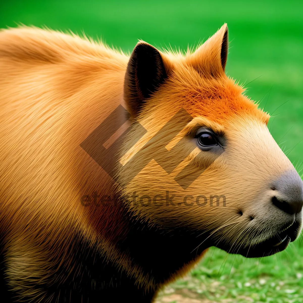 Picture of Cute brown horse grazing in the farm field.