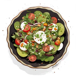 Healthy salad with fresh vegetables and cheese slices.