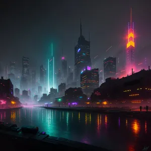 Nighttime city skyline with waterfront reflections