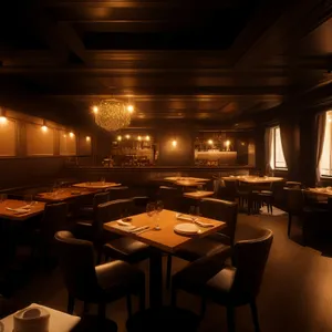 Modern restaurant interior with empty wooden chairs at night