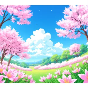 Vibrant Spring Blossoms Under Pink Sky