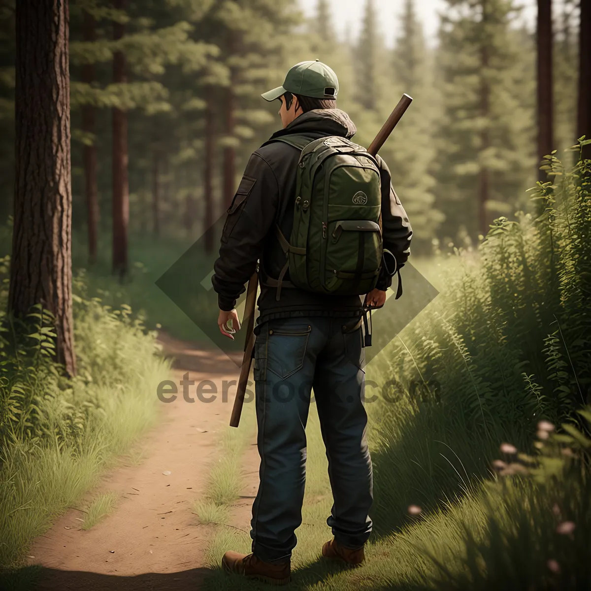 Picture of Active Hiker with Air Gun in Mountain Forest