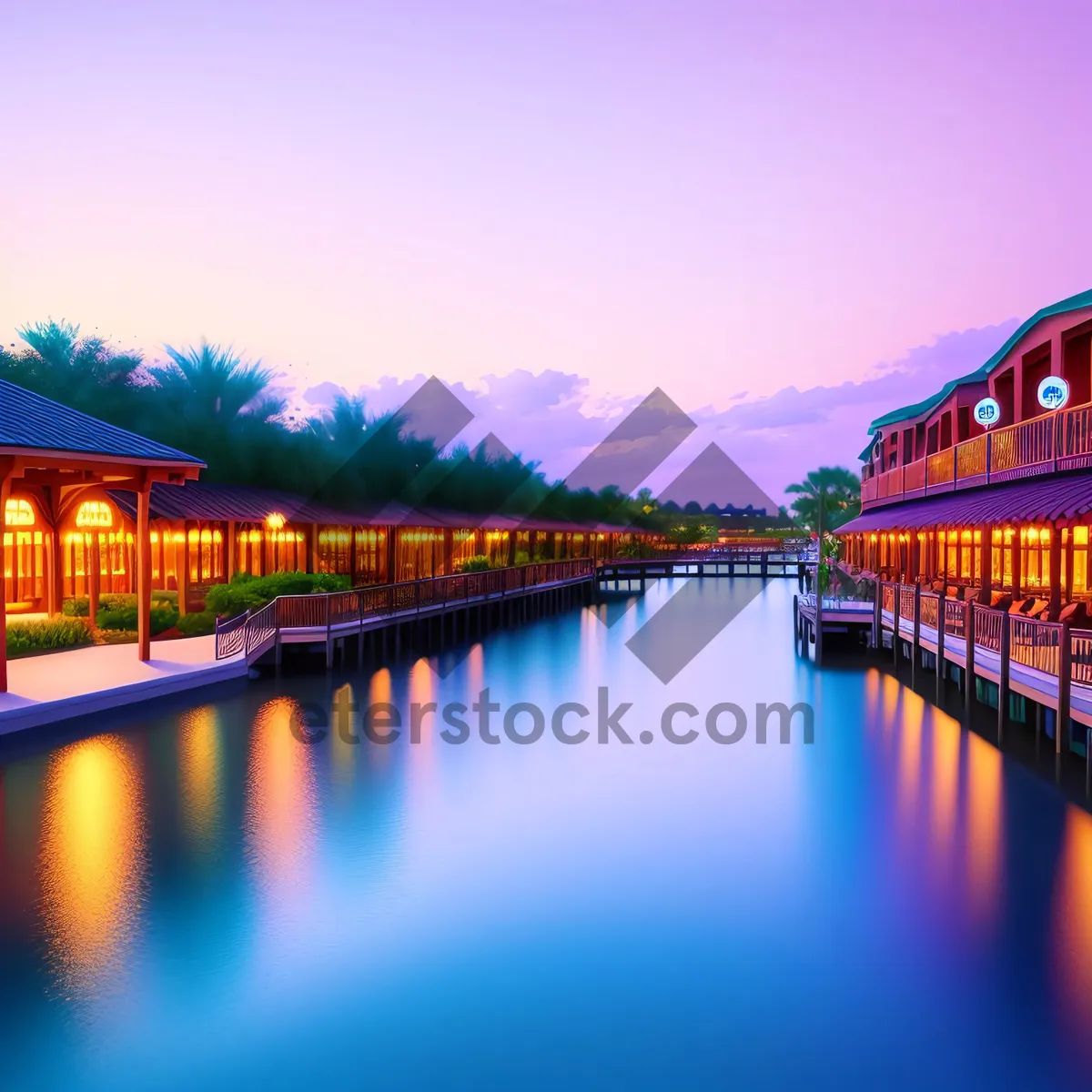 Picture of Urban Waterfront Night View with Bridge Reflection