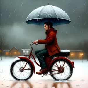 Man Riding Bicycle with Umbrella