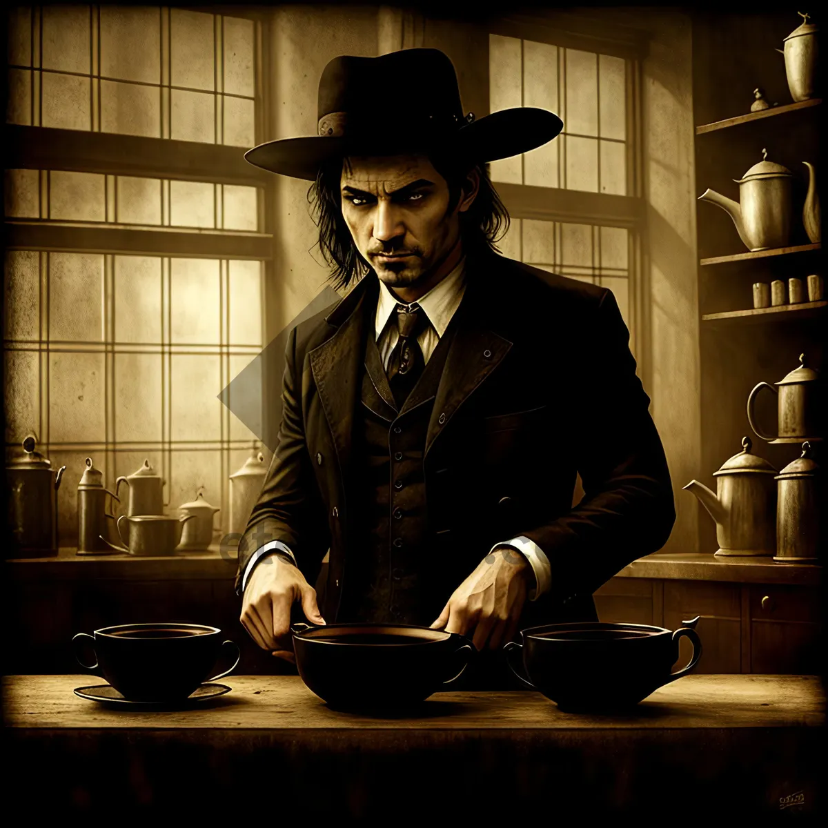 Picture of Mysterious Cowboy Waiter in Stylish Hat