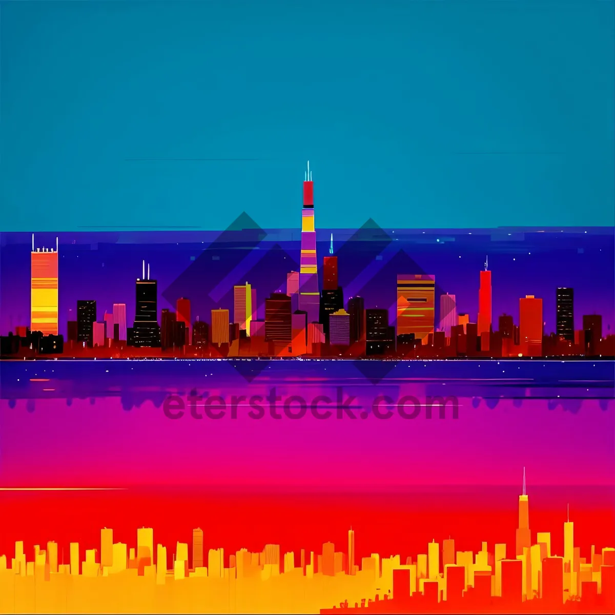 Picture of Urban Night Lights: Majestic City Skyline Reflection