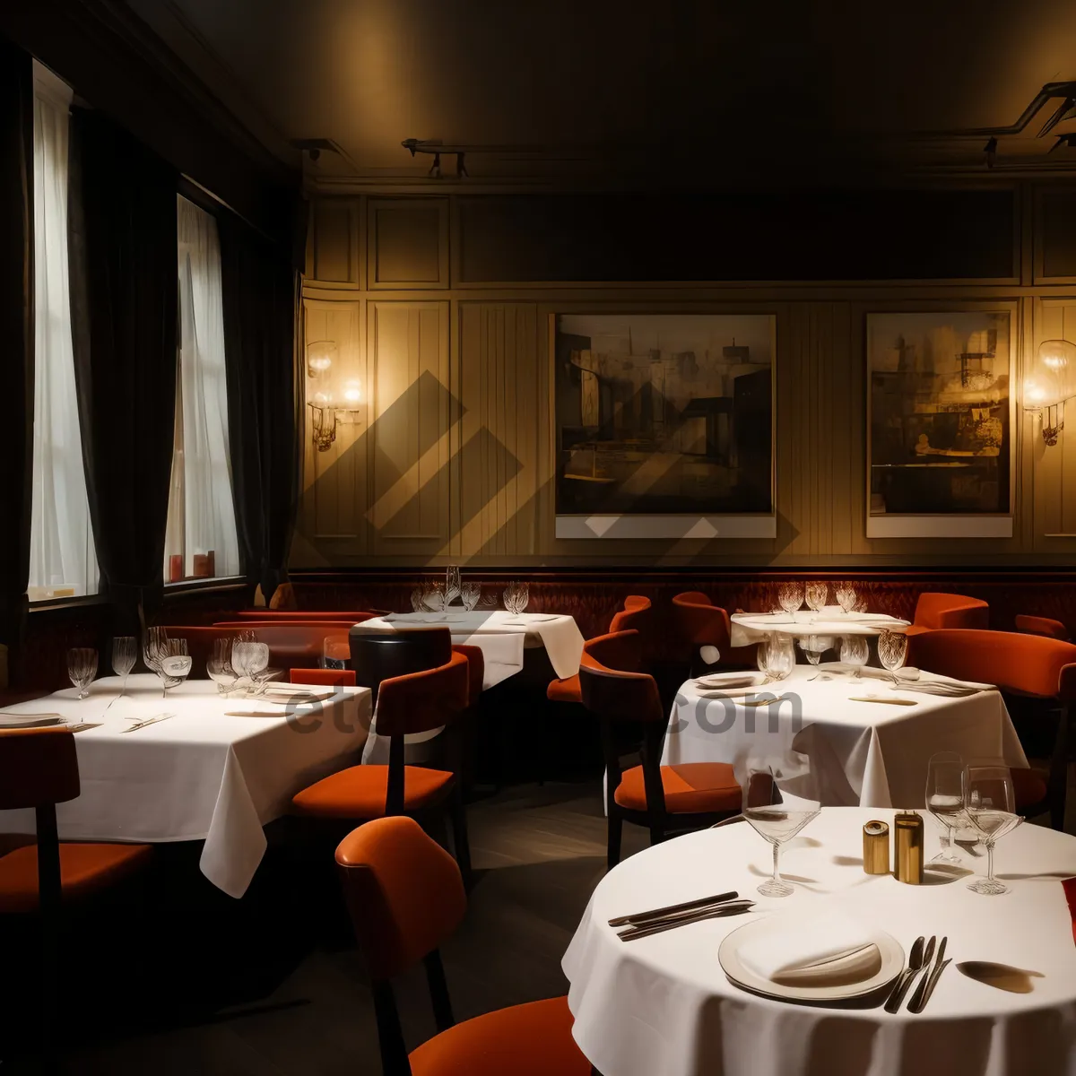 Picture of Modern luxury restaurant interior design with comfortable chairs and glass windows.