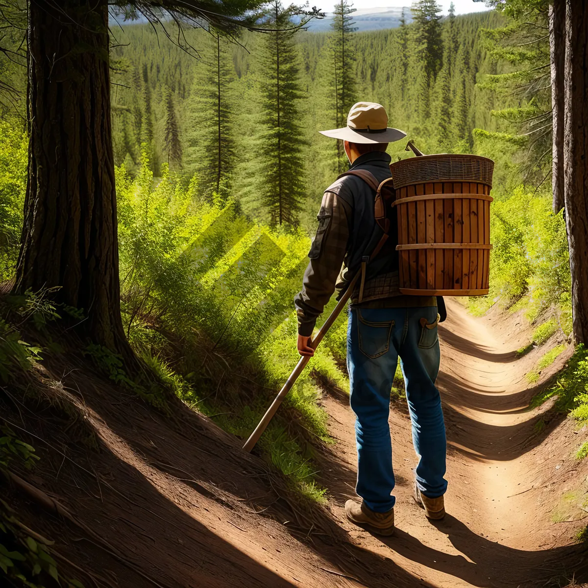 Picture of Male farmer hiking with tools in forest.