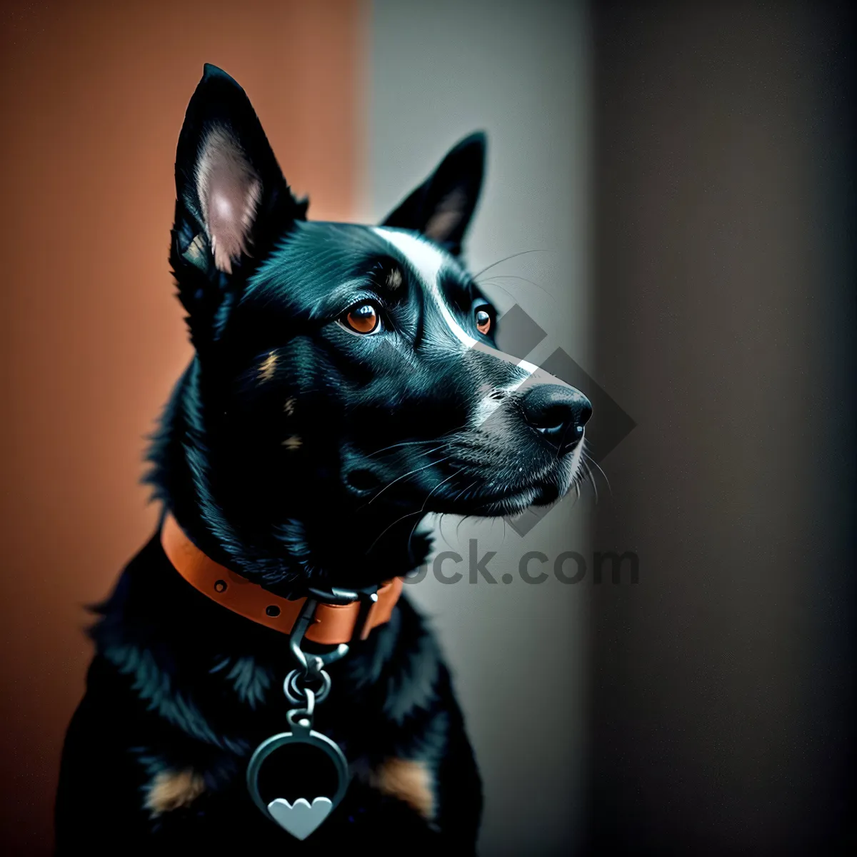 Picture of Adorable black shepherd dog with leash and harness