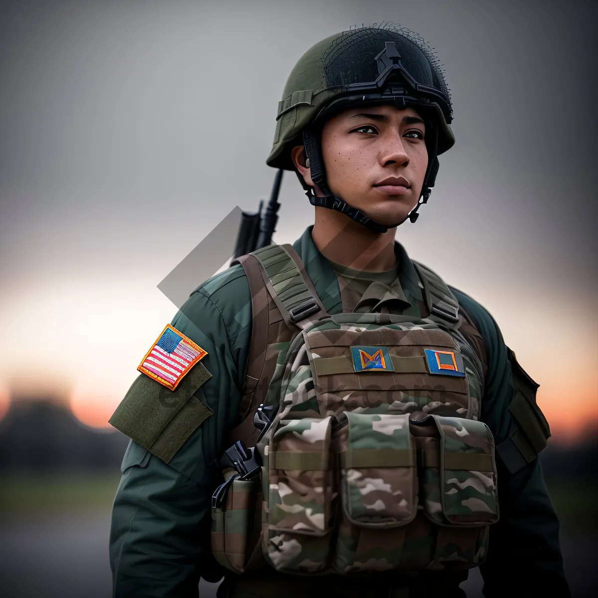 Picture of Happy military man wearing bulletproof vest and helmet