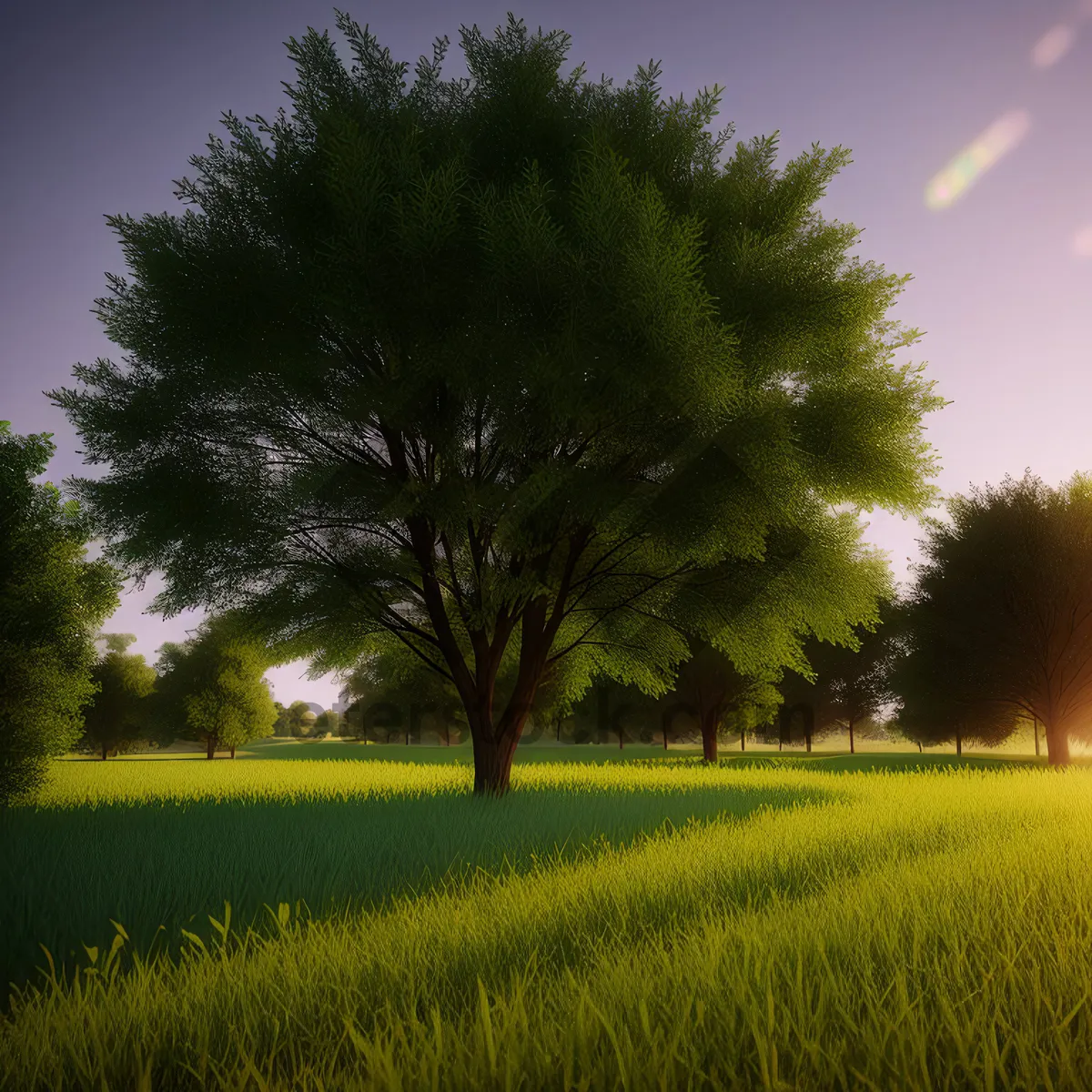 Picture of Serene Countryside Landscape with Lush Greenery and Blue Skies