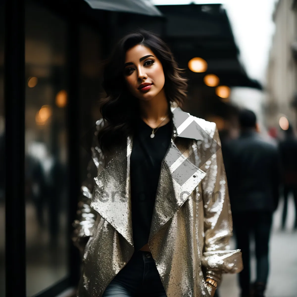 Picture of Happy brunette model in fashionable coat smiling outdoors