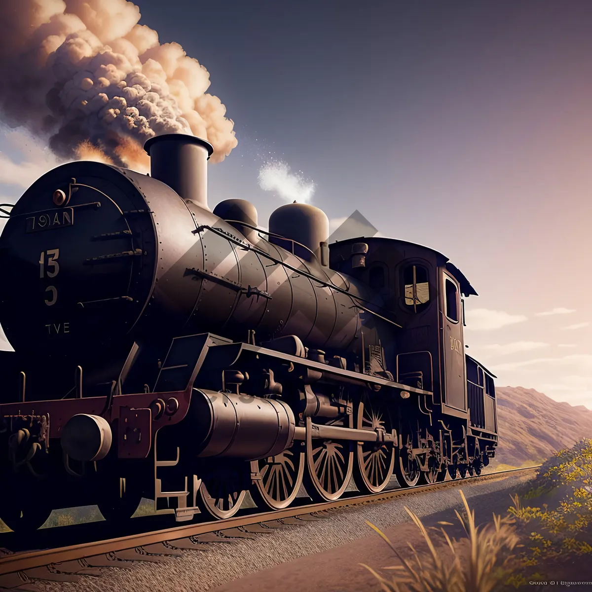 Picture of Vintage Steam Locomotive Powering Through Railway Tracks