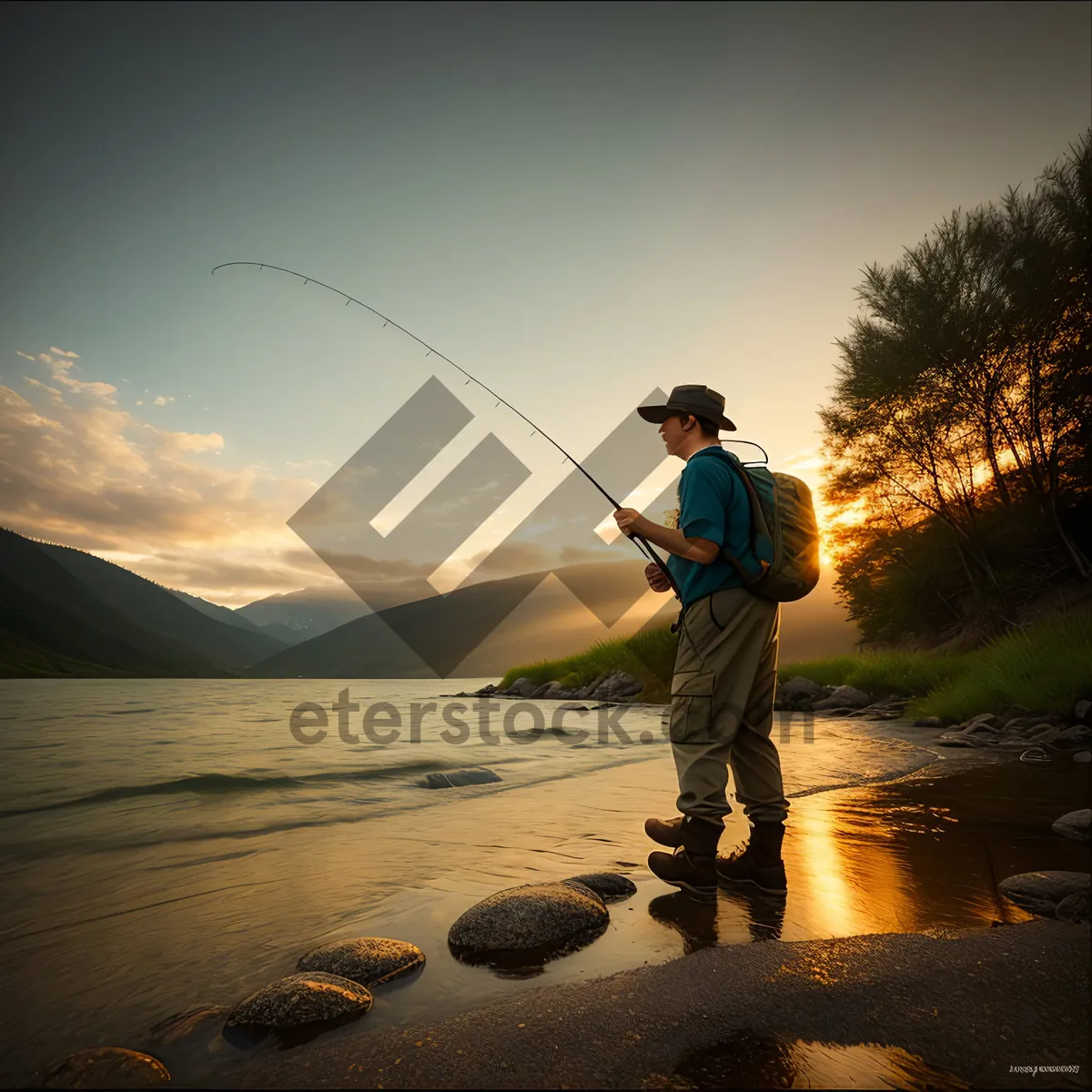 Picture of Active Fisherman Casting Reel in Golf Course Landscape
