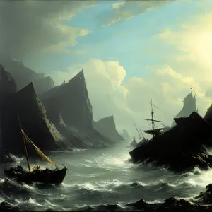 Picturesque Coastal Sunset: Fisherman on Shipwrecked Vessel amidst Majestic Water Landscape