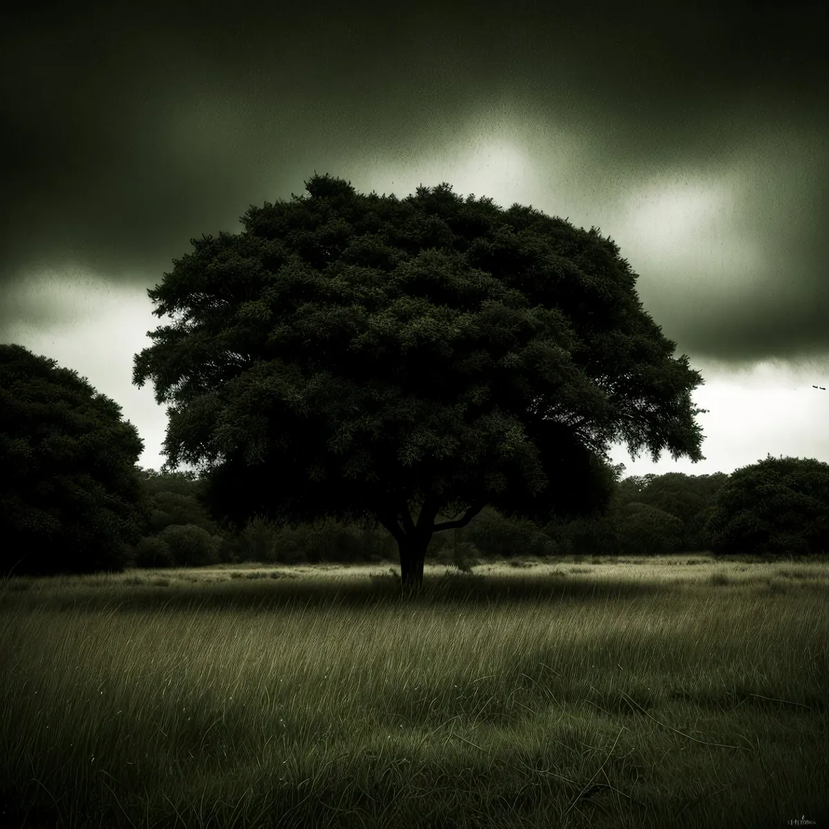 Picture of Peaceful countryside landscape with lush green fields and trees under a cloudy sky