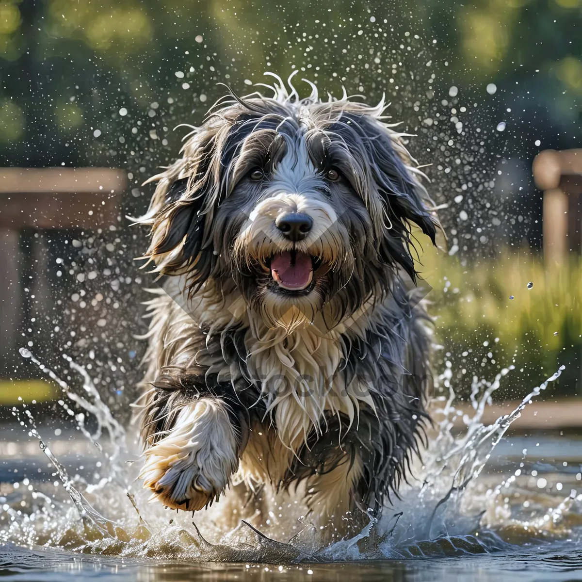 Picture of Bearde Collie Running Through a Water Puddle