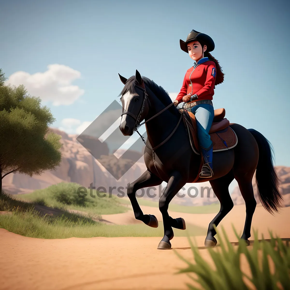 Picture of Thoroughbred Cowboy Riding Brown Stallion in Ranch