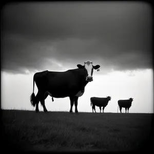 Idyllic countryside farm with grazing cattle on lush meadow.