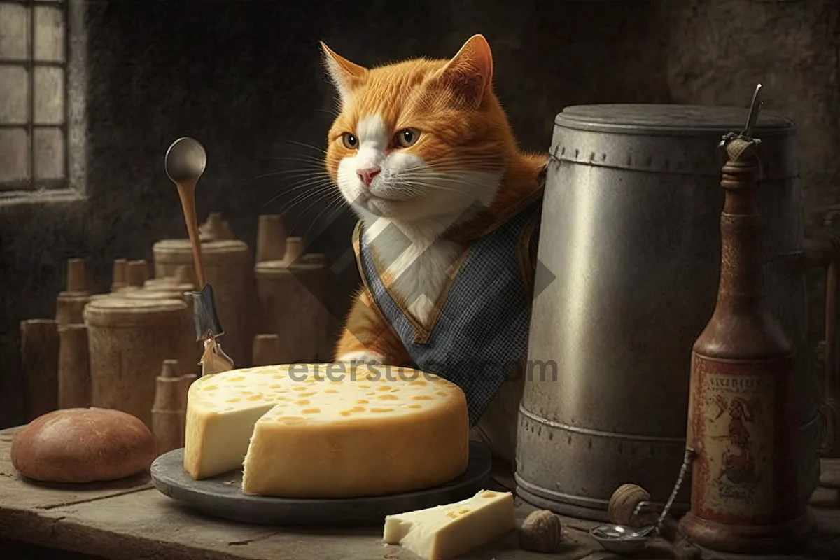 Picture of Fluffy Kitty on Kitchen Counter with Toaster