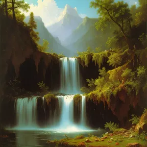 Serene Waterfall Flowing through Lush Forest
