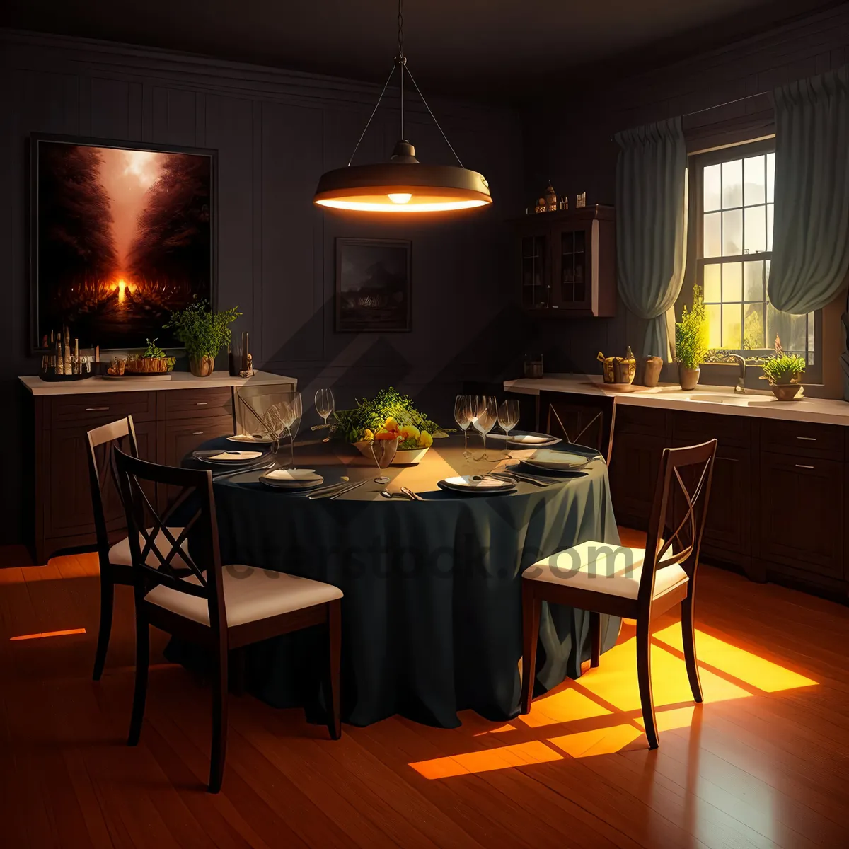 Picture of Modern Dining Room Interior with Stylish Wooden Table and Chairs