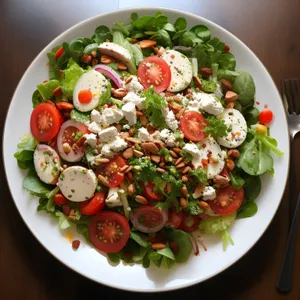 Fresh vegetable salad with cheese and olive oil dressing.