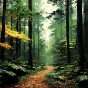 Serene Fall Forest Pathway with Sunlight Streaming Through