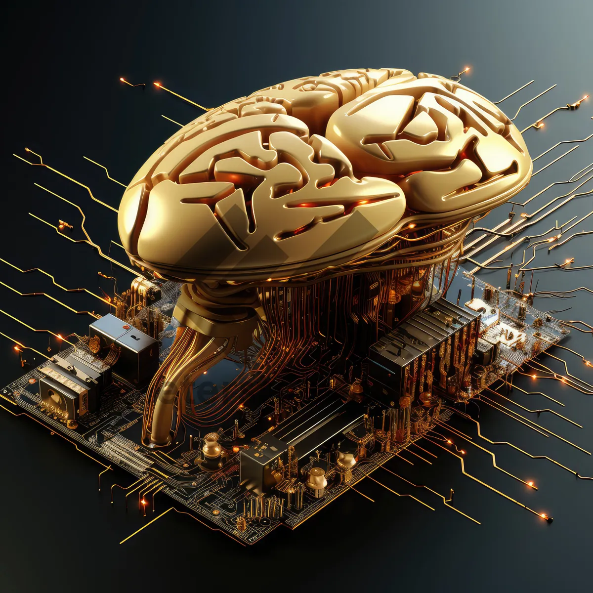 Picture of Sci-fi concept. The central computer processor in the form of an artificial brain microchip as the main element of the artificial intelligence system is installed on the motherboard of the supercomputer