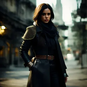 'Attractive Brunette Model in Fashionable Leather Coat'