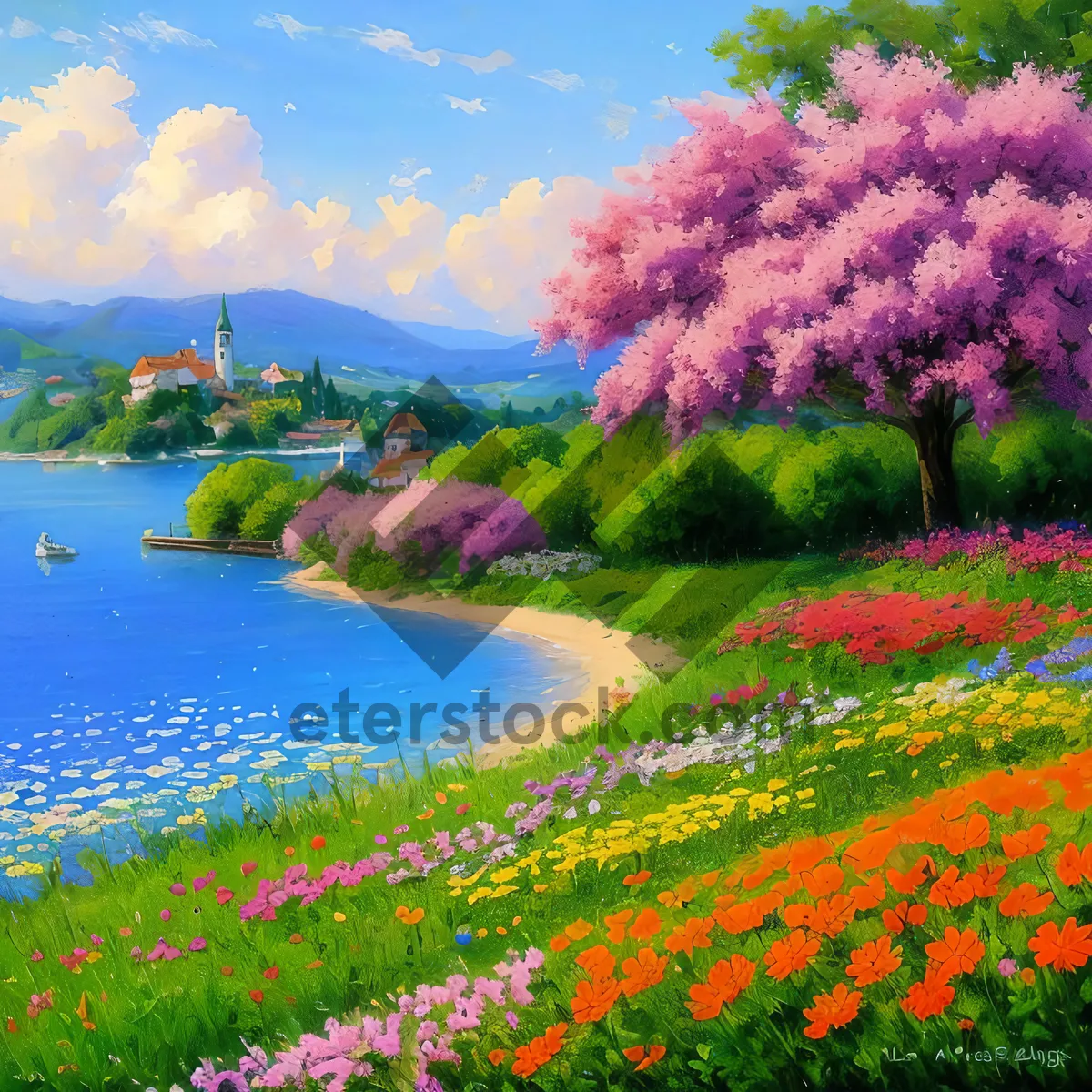 Picture of Colorful Summer Garden Landscape with Blooming Flowers