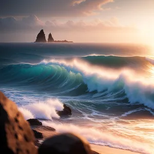 Golden Horizon on Beach: Sunset Serenity Over Ocean Waves
