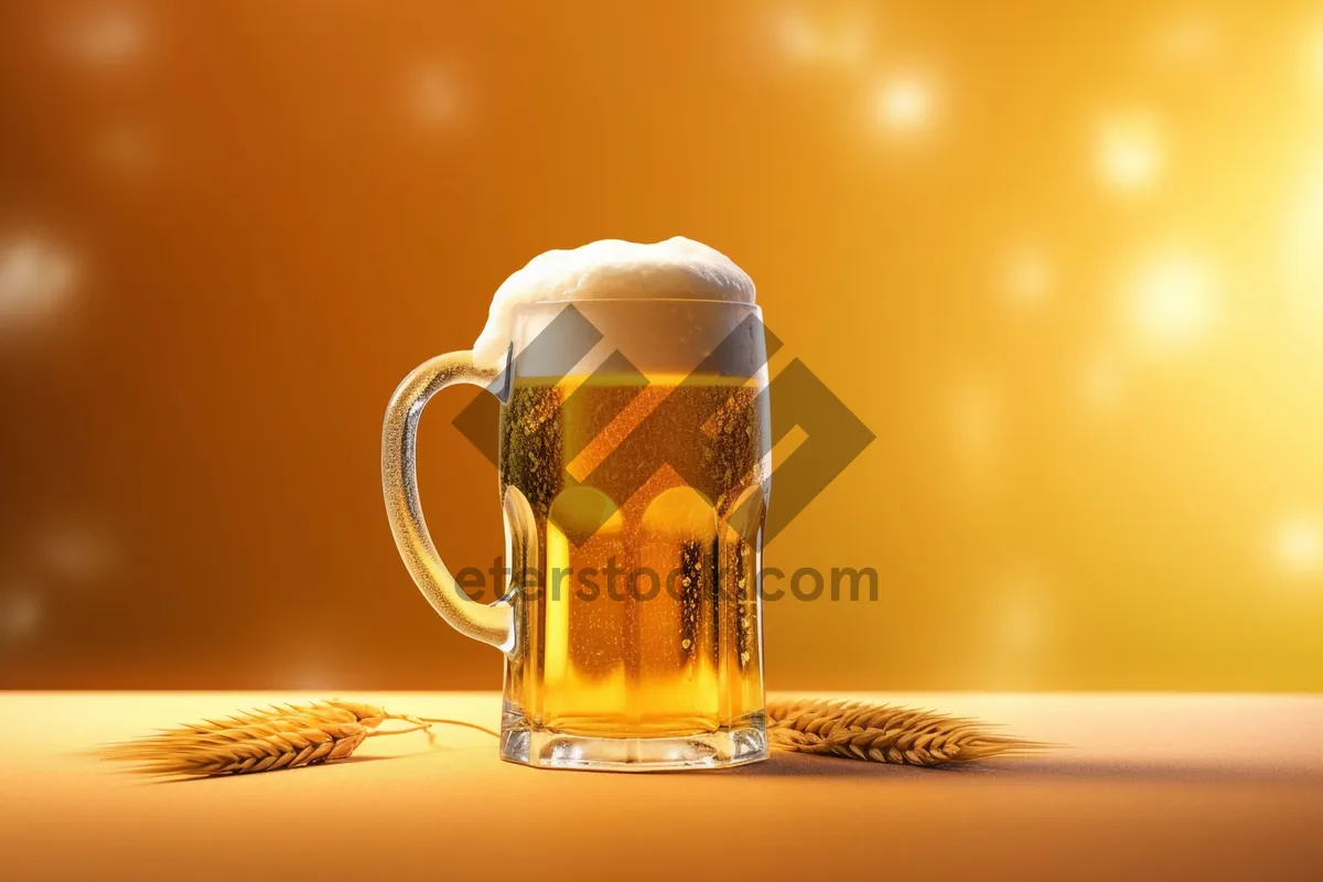 Picture of Golden frothy beer in transparent glass mug.