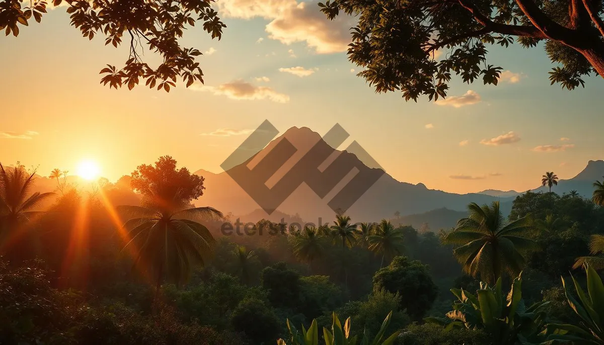 Picture of Sunset over mountain landscape with volcano in distance