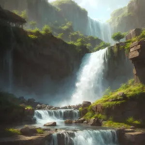 Majestic Waterfall in Serene Mountain Valley