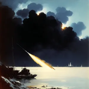 Rocket launching into the colorful sunset over the ocean.