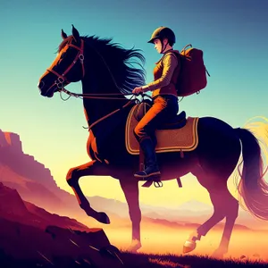 Silhouetted Man Riding Horse at Sunset