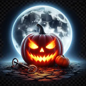 Pumpkin with burning sinister face on paving stone in front of large detailed full moon, Halloween atmosphere. AI, Generation, Illustration