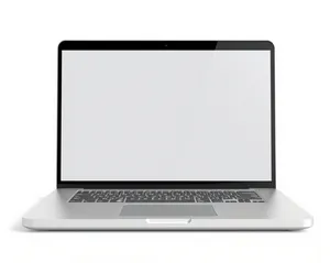 Modern black laptop on empty desk with blank screen.